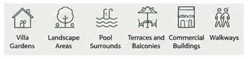Application areas for infill recessed access cover including villa gardens, landscape areas, pool surrounds, terraces, balconies, commercial buildings and walkways
