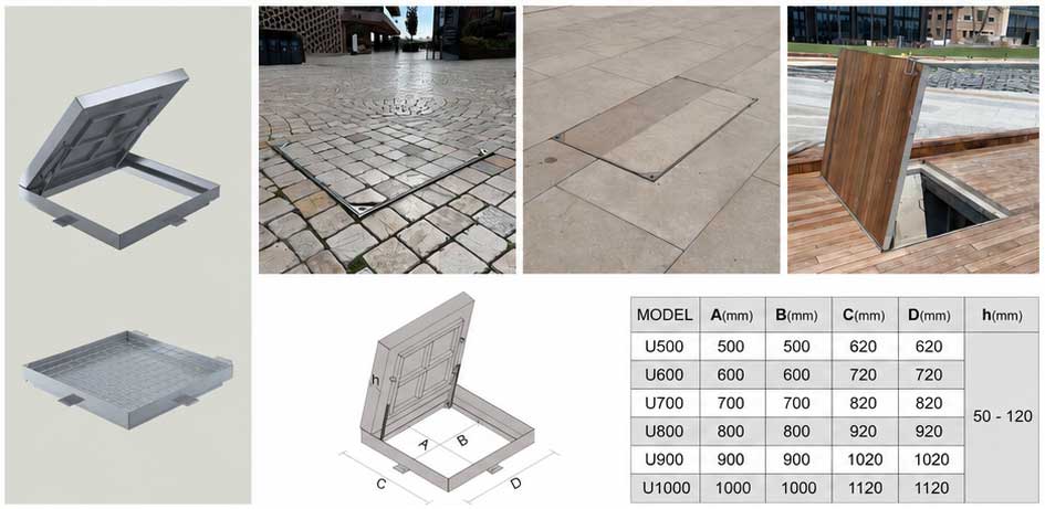Infill recessed access cover product gallery with open cover, paving applications, wood deck installation, technical drawing and standard size table